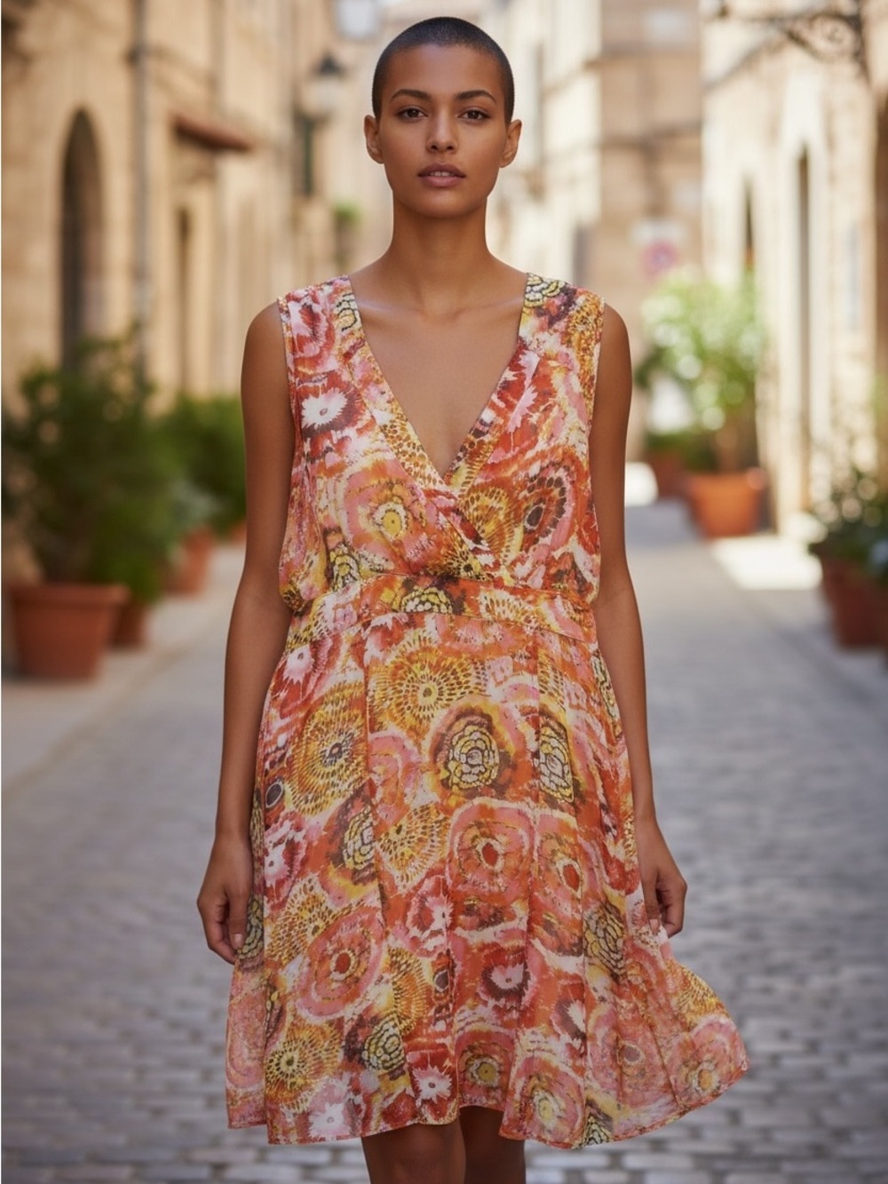 Tribal Orange Multi-Print V-Neck Midi Dress